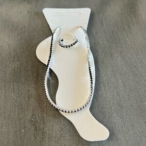 Silver & Black Stretchy Allover Rhinestone Anklet Ankle Bracelet & Toe Ring Set